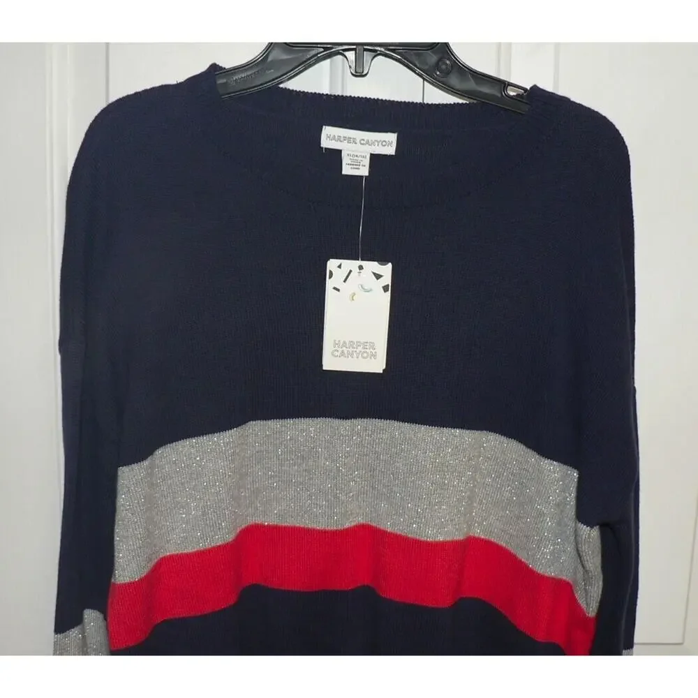 Harper Canyon Girls Fun Pattern Sweater in Navy Peacoat Multi Stripe XL MSRP $19